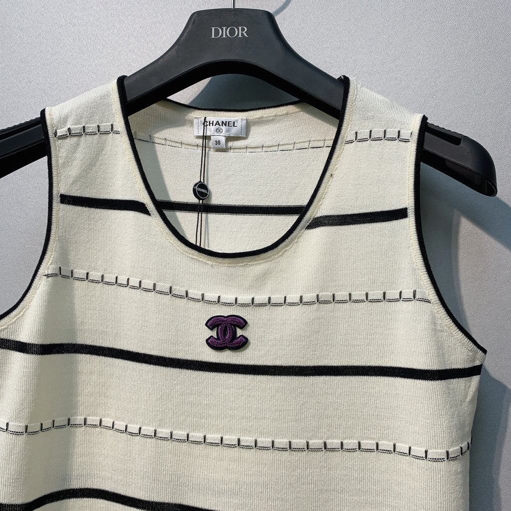 CHANE 26SS Striped Embroidered Knit Tank Top