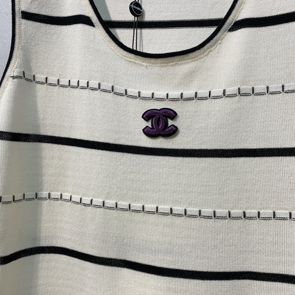 CHANE 26SS Striped Embroidered Knit Tank Top